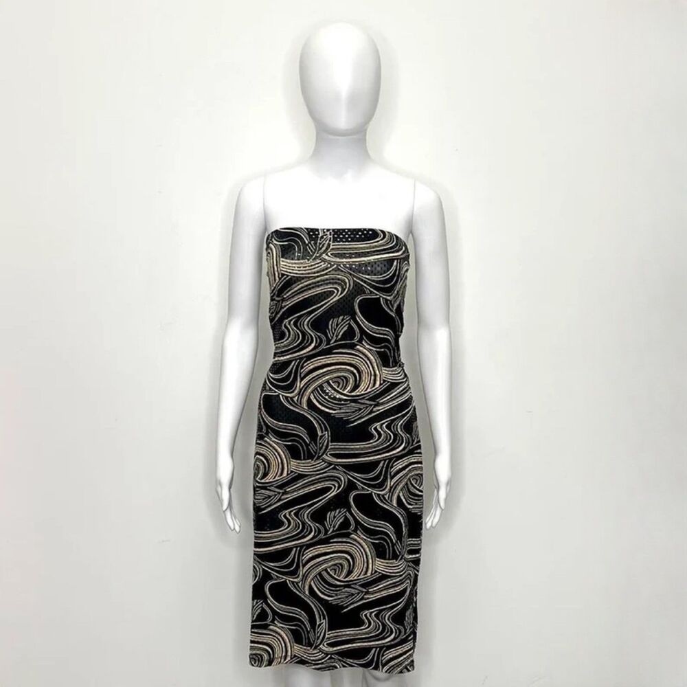 1990s Forever 21 strapless swirl print w iridescent sequins dress size small